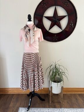 Belle Vere Pleated Pink/Brown Check Ballerina Core Croquette Flowy Midi Skirt 6